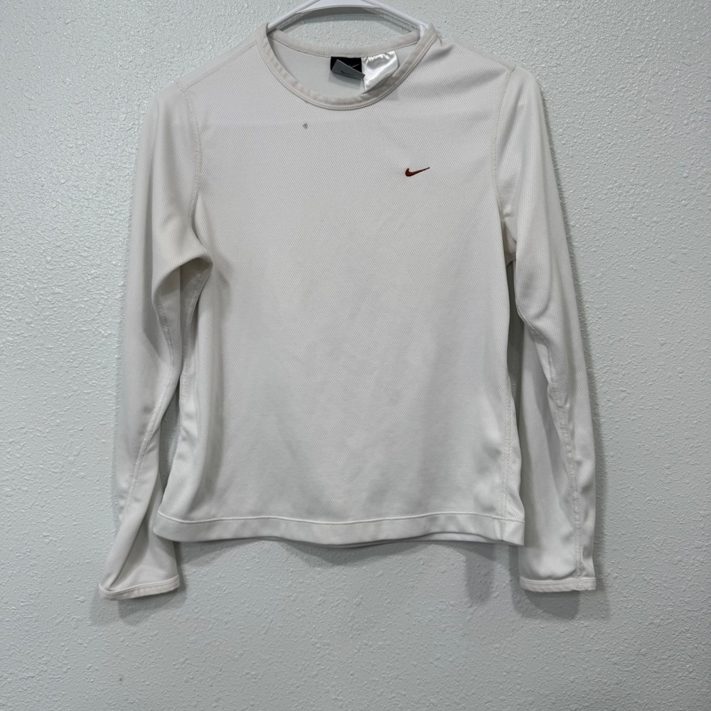 Nike Dri-FIT Long Sleeve Shirt White Mesh Performance Top Small Red Swoosh Logo